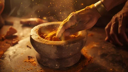 Fotobehang Close-up of a man's hands pouring turmeric powder into a mortar. AI. © Alex Alex