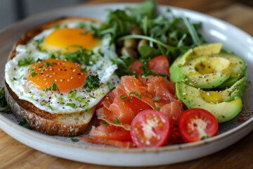 Balanced breakfast with eggs. Plate method diet for weight control.