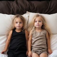 Two little girls with blonde hair lying on a bed. Fictional character created by Generated AI.  - obrazy, fototapety, plakaty