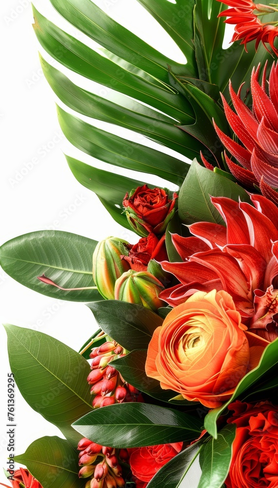 Poster assorted vibrant flowers on white background with ample space for text placement