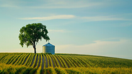 A lone tree standing near grain storage silos, offering a contrast between nature and agricultural technology, with a field of corn stretching into the horizon, with copy space