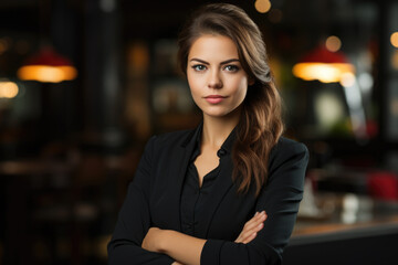 Woman in black suit is standing in front of restaurant