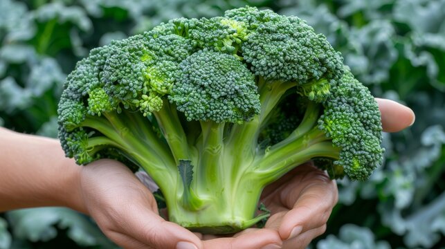 Hand holding broccoli floret with selection on blurred background, copy space available
