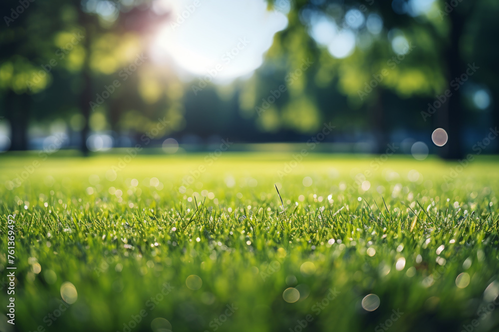 Poster grassy field with trees in background