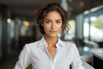 Woman with white shirt and brown hair is smiling