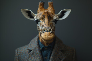 An individual in corporate clothing with a giraffe's head, representing a broad perspective and...