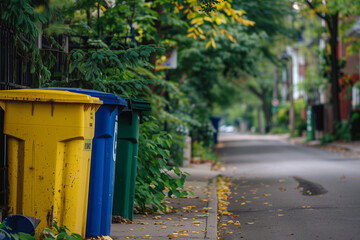 Fototapeta na wymiar Eco-friendly recycling bins on a neighbourhood street, copy space of three bins to throw waste and rubbish into them