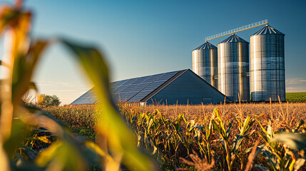 A panoramic view of silos with solar panels on the side, illustrating the integration of renewable energy in farming practices, amidst a matured corn crop, with copy space - obrazy, fototapety, plakaty