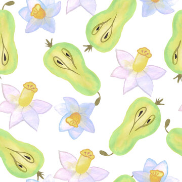 seamless pattern of pear and narcissus flower on a white background