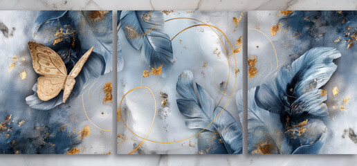 three panel wall art, golden ring with feathers and butterflies, blue gray color scheme, marble background - obrazy, fototapety, plakaty