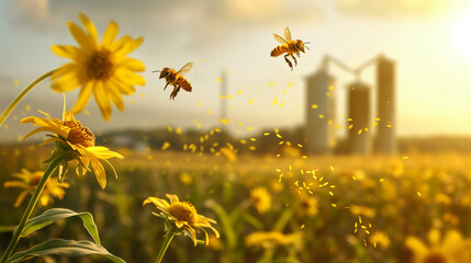 Bees pollinating flowers amidst a corn crop with grain storage silos in the distance, highlighting the ecosystem surrounding agricultural areas, with copy space - obrazy, fototapety, plakaty