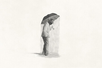 Illustration of man under rain, sadness abstract surreal concept black and white - 761369833