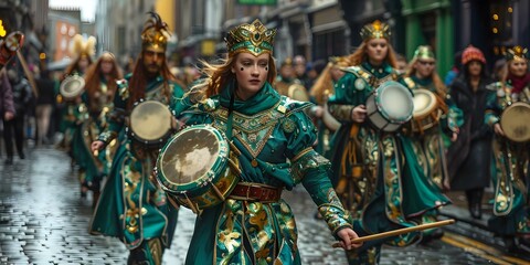 Festive St Patricks Day parade in Dublin with people in green costumes. Concept St, Patrick's Day, Celebration, Dublin Parade, Green Costumes, Festive Atmosphere
