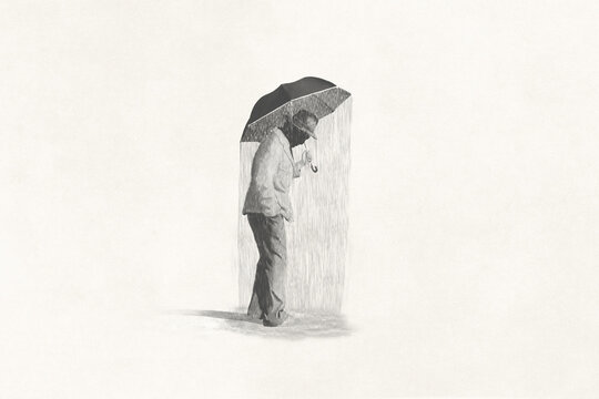 Illustration of man under rain, sadness abstract surreal concept black and white