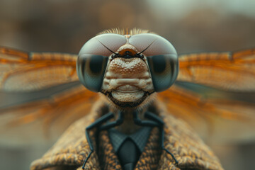 An anthropomorphic character in business attire with a dragonfly's head, symbolizing agility and quick decision-making in business. Concept of nimble leadership. Generative Ai. - obrazy, fototapety, plakaty