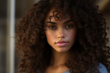 Fototapeta premium Woman with curly hair is smiling at camera