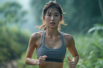 Fototapeta premium Asian young woman living a healthy lifestyle outdoors running in the forest