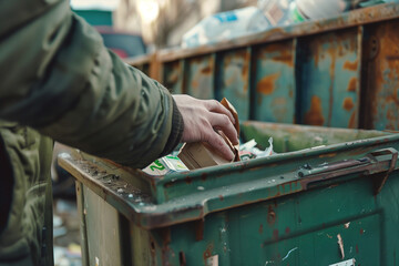 Ecological paper recycling bins, throwing cardboard waste in the bin - obrazy, fototapety, plakaty