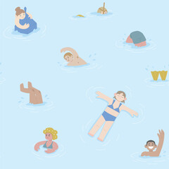 Seamless pattern with people resting in the water. Ornament with repeating floating characters. Vector illustration. People vacationing in summer