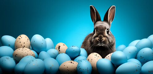 cute bunny rabbit with lot of blue painted eggs isolated on background, free space for text. easter...