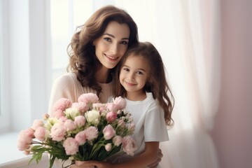 A mother holding her daughter while presenting flowers. Fictional character created by Generated AI. 