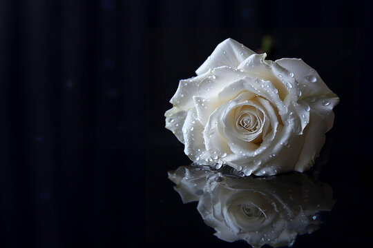 Rose with water drops on a black reflective surface