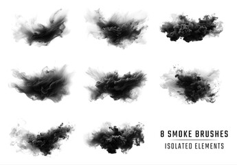 8 Black Smoke Brushes On Transparent Background. Generative ai