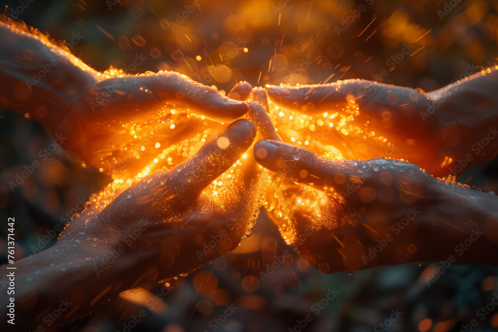 Poster a high-five gesture with rays of light radiating from the impact, signifying collaboration and share