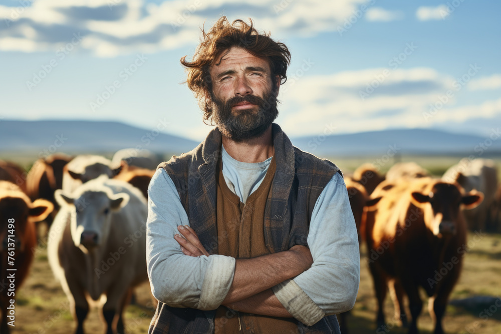 Poster man with beard stands in front of herd of cows