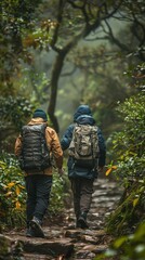 Fototapeta na wymiar Asian couple of travelers in warm clothes with backpacks walking up on narrow path among green trees and bushes during hike