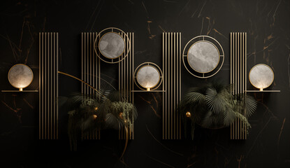 
Abstract black and white circle with golden elements, floating on a light gray background, a 3D...
