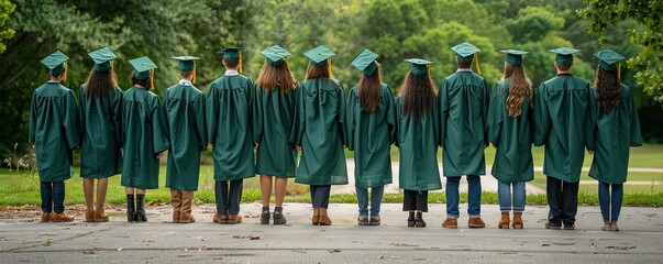 back view of group of students in green graduation gown and cap standing together on asphalt facing green lawn with trees