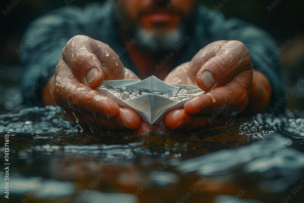 Poster a close-up of hands releasing a paper boat into a flowing stream, representing the journey and unpre