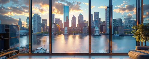 Boston city skyline Modern Seaport District video window view - obrazy, fototapety, plakaty