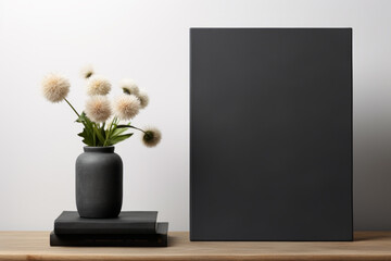Black box with white flower in vase on top of stack of books