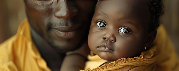 Charming little baby in arms of black father