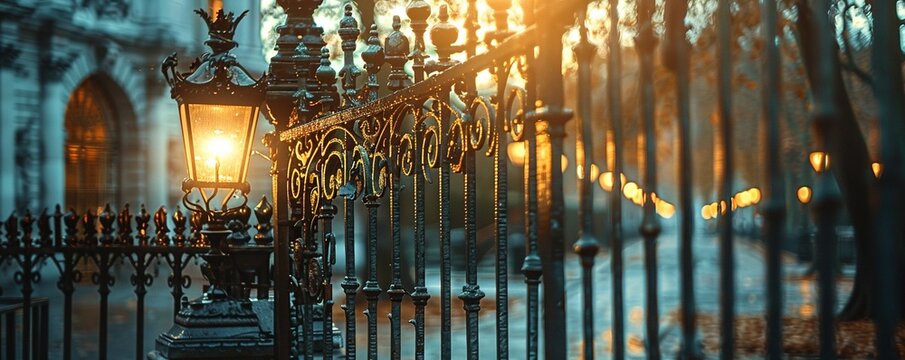 Cast iron metal gates and lamp on marble arch