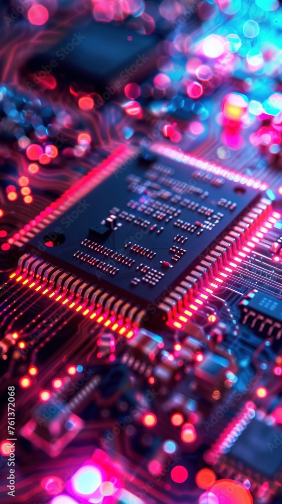 Poster close up of a microchip circuit interior of a computer with neon lights in detail, circuit board.