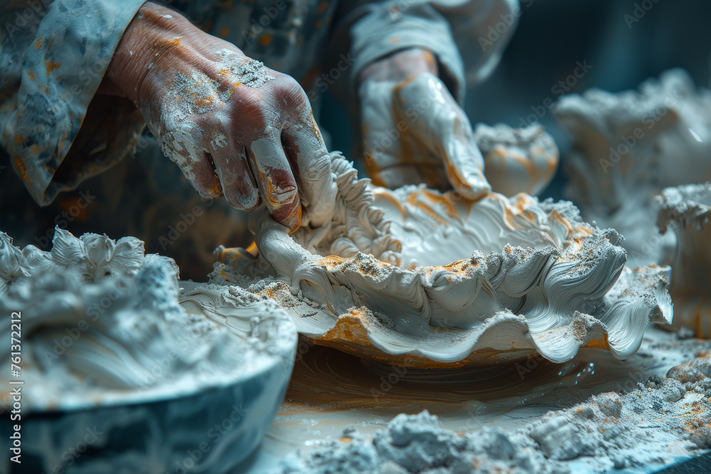 Poster a surreal image of hands molding clay into different shapes, symbolizing the transformative power of