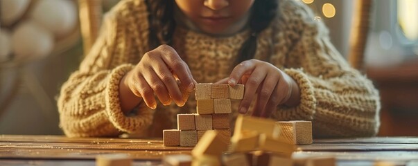 Closeup of a child's hands as she plays with blocks - obrazy, fototapety, plakaty