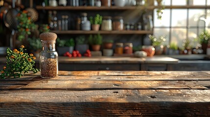 Rustic kitchen scene with a glass spice jar and wildflowers on a weathered wooden table. Cozy culinary setting with blurred shelf background. 