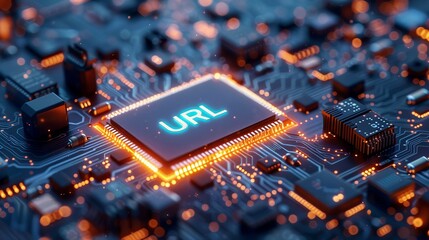 A close-up view with the acronym URL displayed on a microchip, representing the concept of Uniform Resource Locator.
 - obrazy, fototapety, plakaty