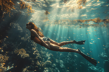 underwater photo of young woman in swimming suit and fins diving in ocean alone - obrazy, fototapety, plakaty