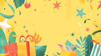 Colorful happy birthday or party background Flat Lay wtih birthday hats, confetti and ribbons on yellow background. Top View with Copy space., Generative AI