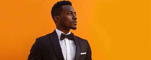 Elegant black man in formal wear over orange background.