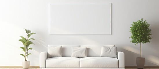 A building with white couch, plant, and picture on grey wall. Furniture and wood elements create a comfortable interior design in a rectangle space