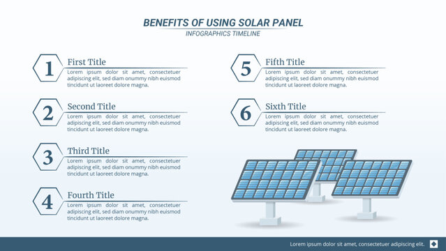 Benefits of Using Solar Panel Infographic with 6 Options and Editable Text on a 16:9 Ratio.