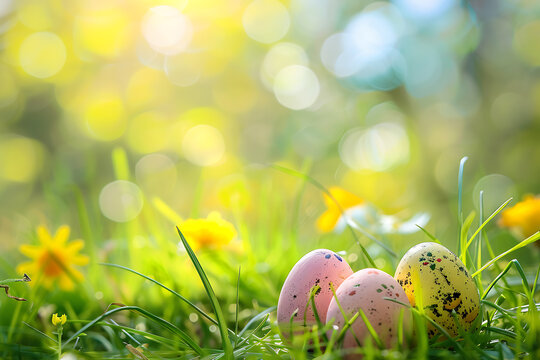 Vibrant Easter background with colorful eggs, spring flowers, and delicate decorations, ideal for festive projects
