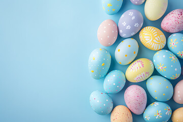 Fototapeta na wymiar A vibrant and festive Easter background, featuring colorful eggs, spring flowers, and delicate decorations, perfect for Easter-themed designs and projects.