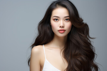 Naklejka premium Woman with long brown hair and white tank top